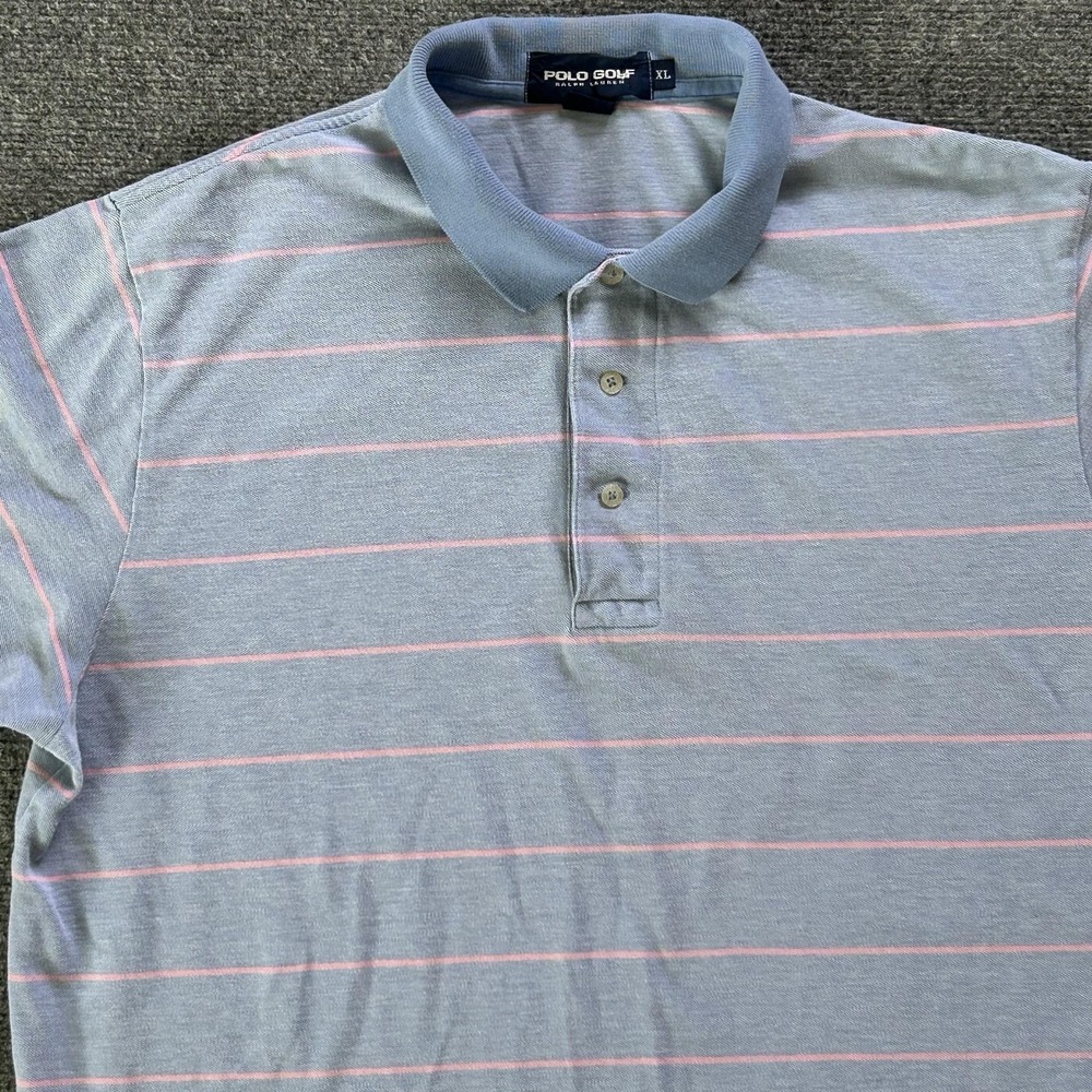 Polo Golf Ralph Lauren Polo Shirt Mens XL Blue Pink Stripe Cotton Knit Vintage